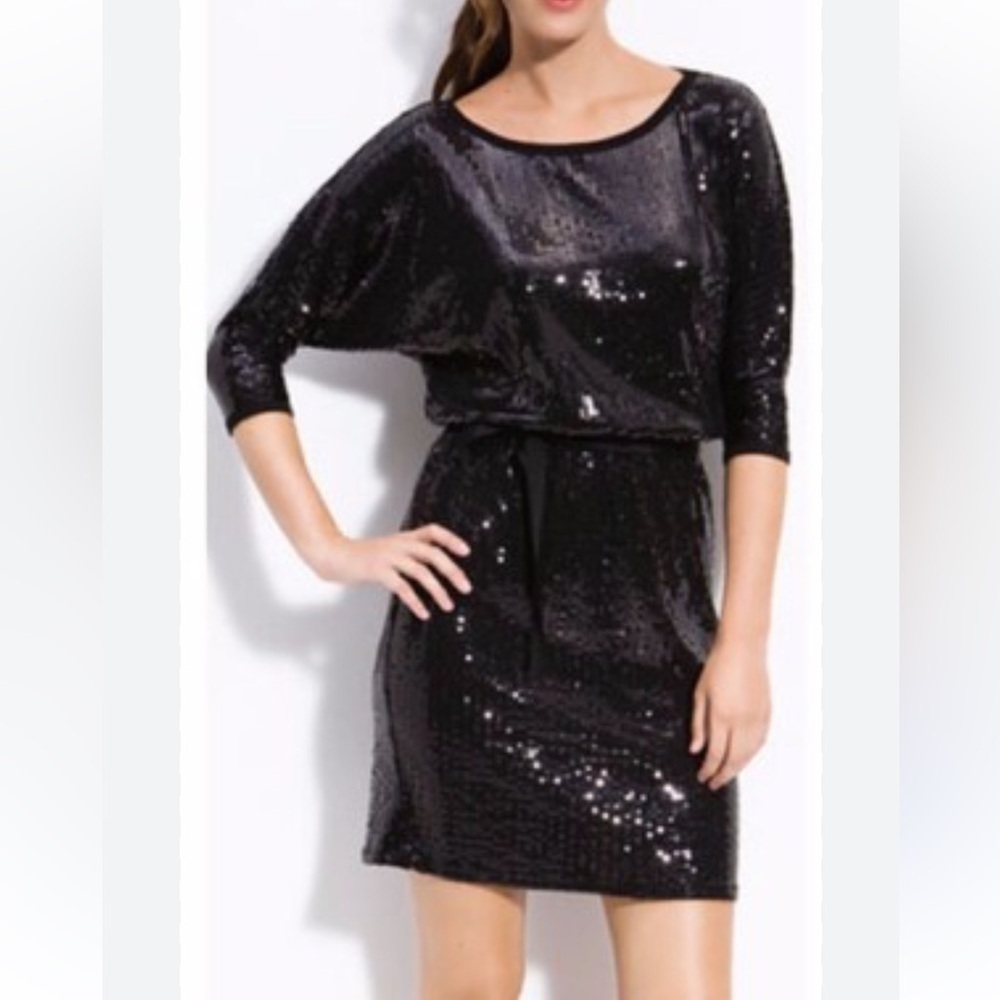 Karen Kane Black full Sequin Mini Dress dolman sleeves blouson fit formal size L